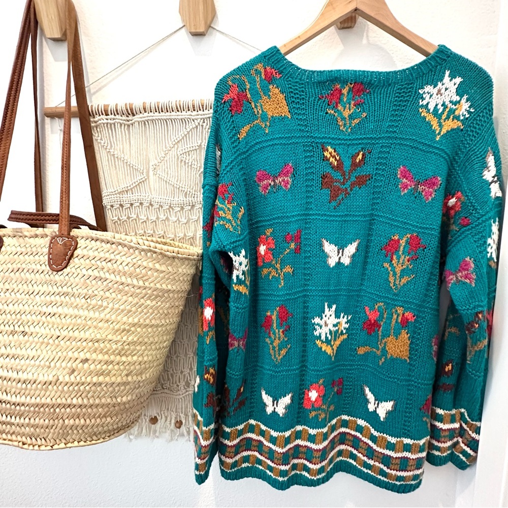 Botanical Vintage Teal Floral Floriculturist Bohemian Hippie Knit Sweater XL